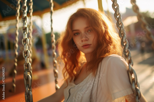 AI generated photo of happy young child riding on a colorful carousel amusement park