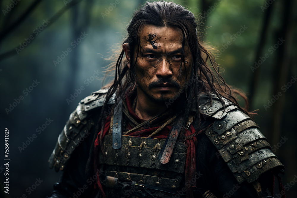 Generative AI picture of brave samurai warrior in fantasy forest Generative AI picture of brave samurai warrior in fantasy forest