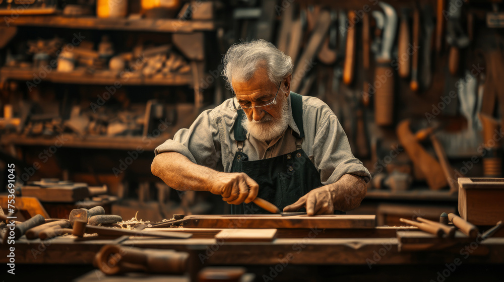 Traditional craftsman at work in a rustic woodshop, handcrafting with precision Traditional craftsman at work in a rustic woodshop, handcrafting with precision