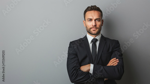 Confident business man in suit posing with arms crossed in studio