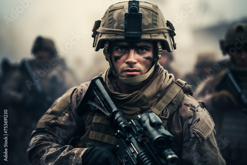 AI generated portrait of confident fully equipped and armed ukrainian soldier fighting against cruel russian invasion