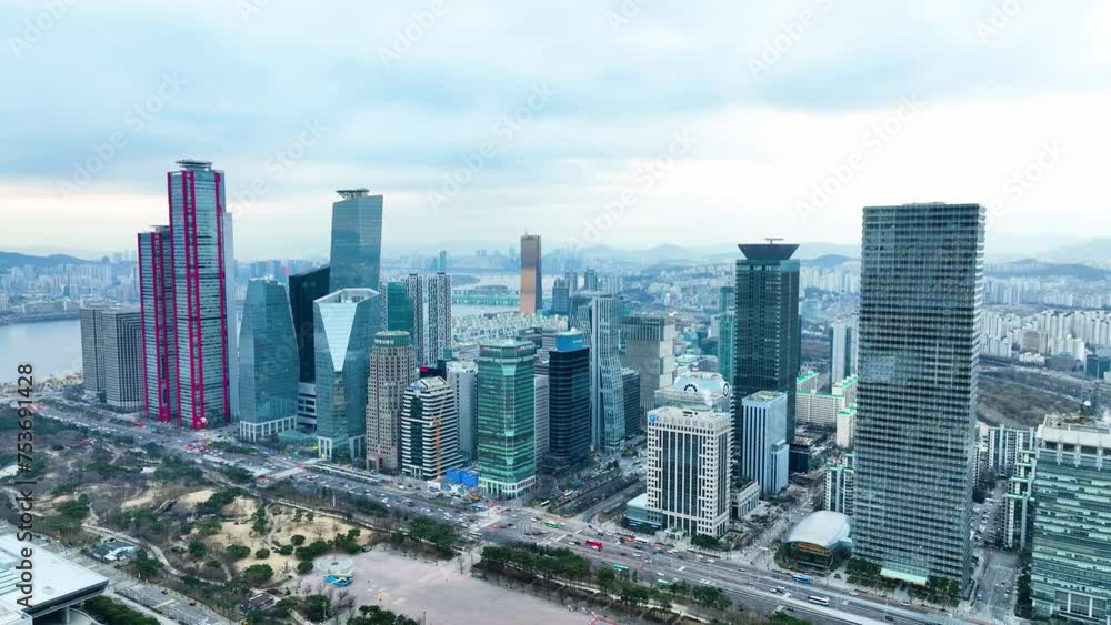 Drone View of Seoul city in South Korea, Sunset in Yeouido Financial District 60fps Drone View of Seoul city in South Korea, Sunset in Yeouido Financial District 60fps