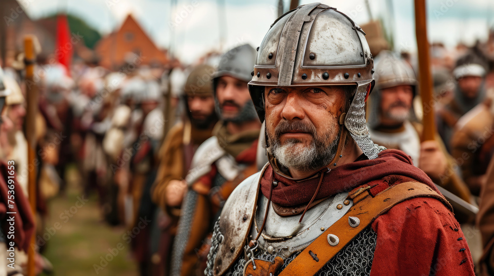 Stern medieval warrior in armor stands before his army Stern medieval warrior in armor stands before his army