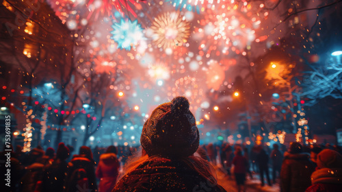 New Year concept - cheering crowd and fireworks.