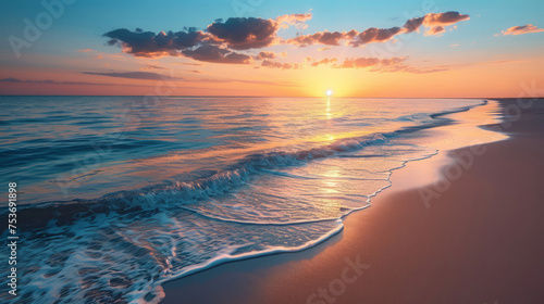 View of sandy beach with calm ocean waves and a sunset