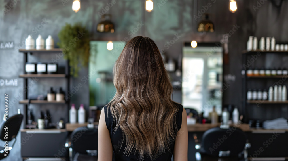 Portrait of a brown long hair female with a soft smile hairdresser in modern salon Portrait of a brown long hair female with a soft smile hairdresser in modern salon
