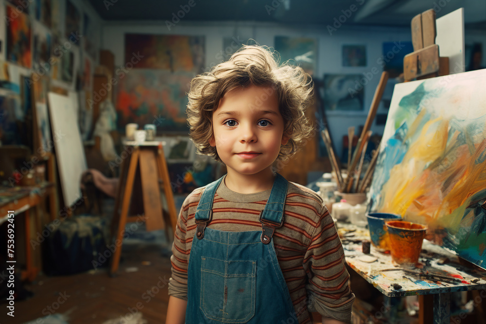 Little charming child drawing in an art studio classes at gallery generative AI