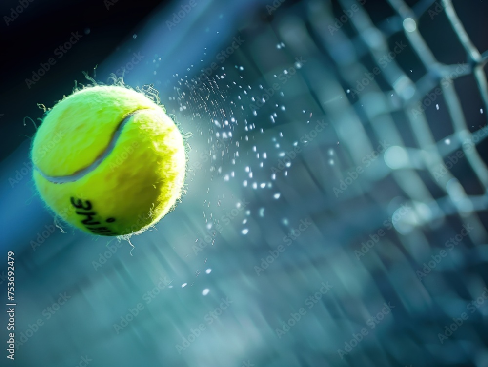 Freeze Frame Tennis Serve, A dynamic freeze-frame photo capturing a tennis ball in mid-air with a spray of water droplets, suspended just before contact with a racket.