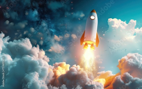 Majestic Liftoff into the Cosmos, A stunning digital art piece showcasing a rocket in mid-liftoff, breaking through the clouds towards the star-filled cosmos, symbolizing human ambition