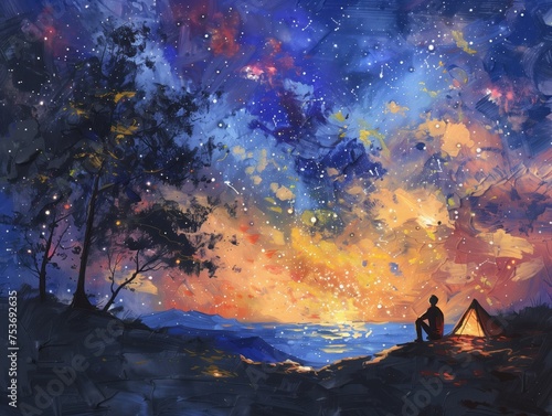 Cosmic Camping by the Lakeside, An evocative painting captures a lone camper beside a tent at the lakeside, gazing into a night sky that blends into a cosmic explosion of stars and colors.