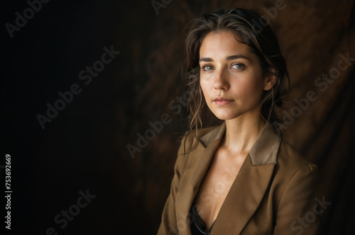 portrait d'une jeune femme dans une pièce sombre portant un tailleur, éclairage latéral photo