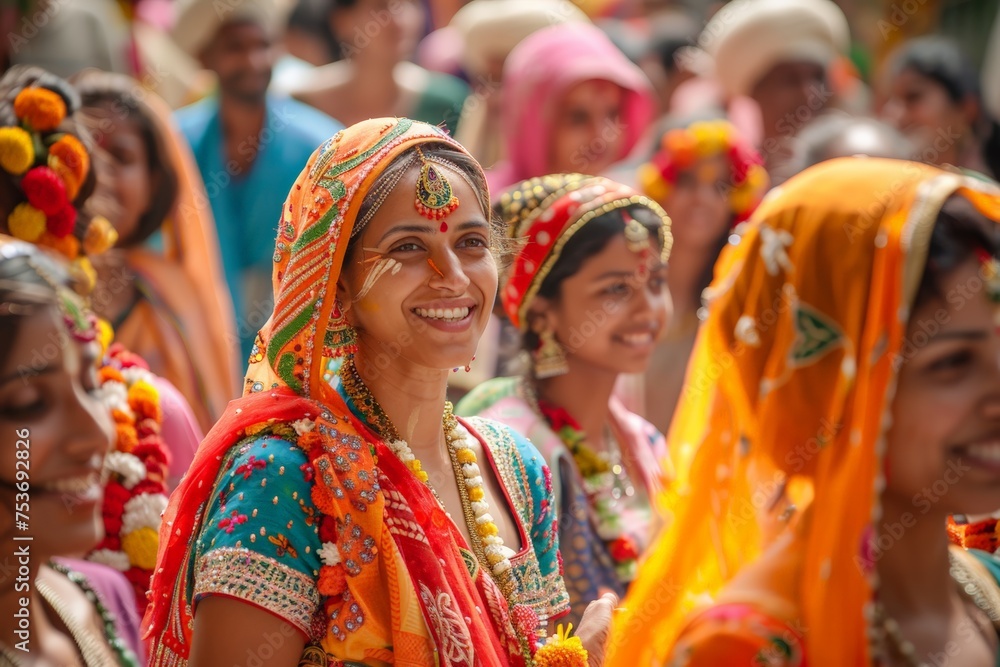 Cultural festival in India, people dressed in colorful attire, group of women, joy evident in their expressions during a cultural festivity, surrounded by vibrant hues and intricate patterns.