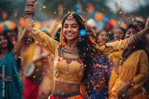 Cultural festival in India, people dressed in colorful attire,  In midst of celebration, a performer's beaming countenance and vibrant costume mirror the exuberance and cultural pride of the event..