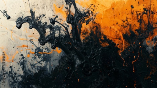 Black and orange ink splash on a textured canvas
