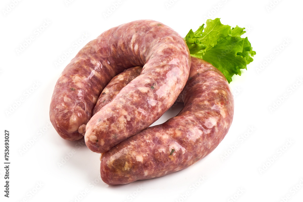 Raw german sausages, Bratwurst sausage, isolated on white background. Raw german sausages, Bratwurst sausage, isolated on white background.