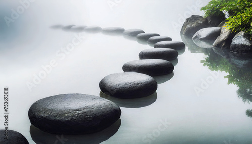 Path of smooth black stones on the water of a lake or pond in a Zen garden. Zen or Feng Shui concept. Generative Ai.