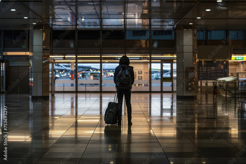 A person is standing in a large airport terminal with a suitcase - obrazy, fototapety, plakaty 