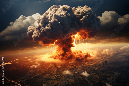 Nuclear proliferation and nuclear diplomacy. Huge nuclear bomb explosion with a mushroom cloud, weapon of mass destruction. Atomic mushroom