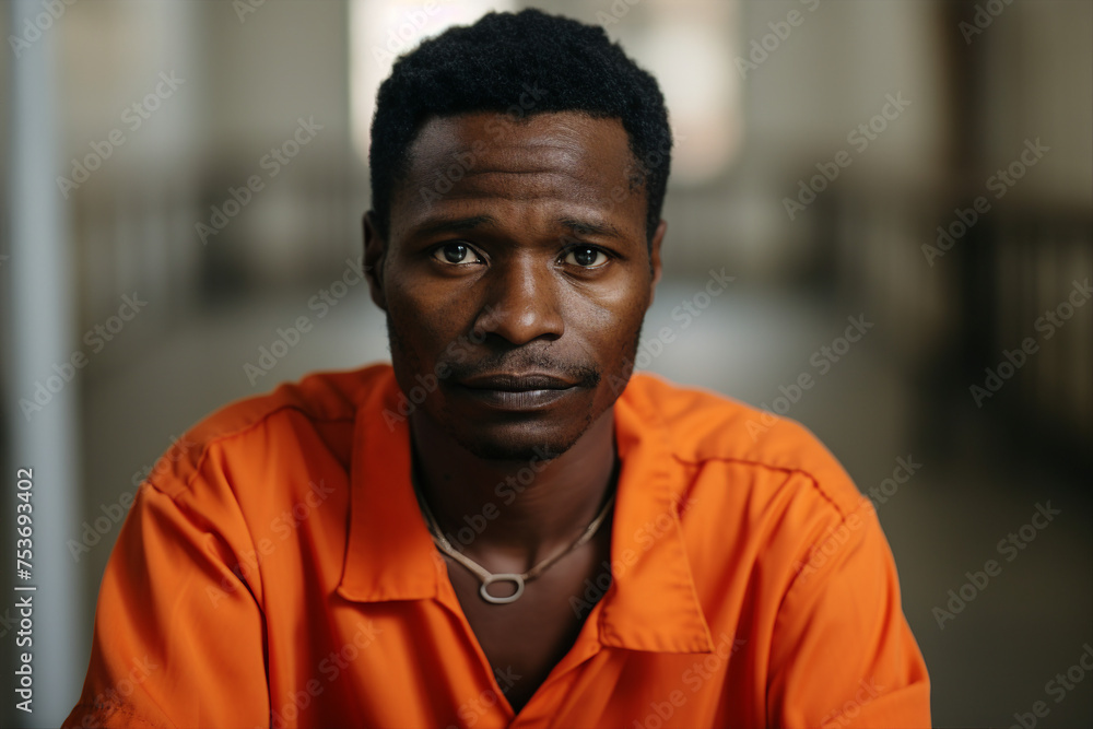 Criminals jailed in prison in orange uniform behind metal bars Generative AI realistic 3D picture Criminals jailed in prison in orange uniform behind metal bars Generative AI realistic 3D picture