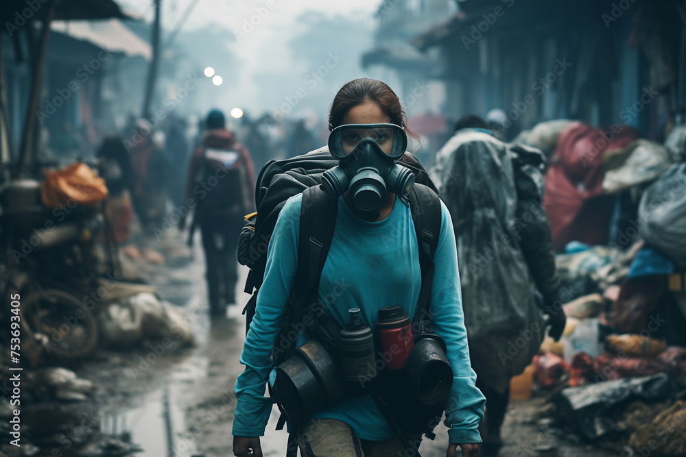 The pandemic and global efforts to combat infectious diseases. In a dark and polluted city, a female is wearing a gas mask and navigates the streets like a scene from an action film or shooter game The pandemic and global efforts to combat infectious diseases. In a dark and polluted city, a female is wearing a gas mask and navigates the streets like a scene from an action film or shooter game