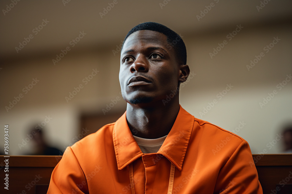 Criminals jailed in prison in orange uniform behind metal bars Generative AI realistic 3D picture Criminals jailed in prison in orange uniform behind metal bars Generative AI realistic 3D picture