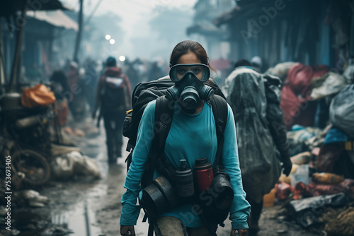 The pandemic and global efforts to combat infectious diseases. In a dark and polluted city, a female is wearing a gas mask and navigates the streets like a scene from an action film or shooter game