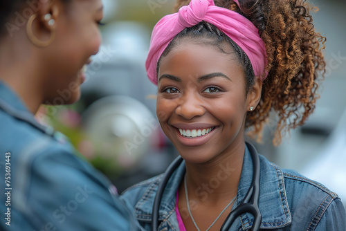 A woman who is a breast cancer survivor wears a pink ribbon smiles and proudly shares her experience with caregivers. photo