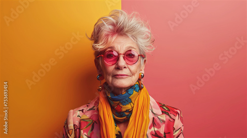 Portrait of a beautiful senior woman with sunglasses and colorful clothes.