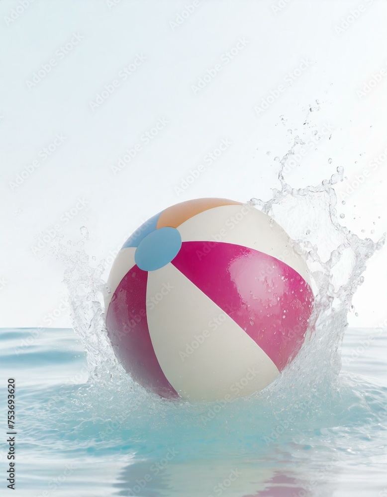 Action shot of a beach ball hitting the water in a swimming pool and splashing in the summer. Fun joyful and playful scene.