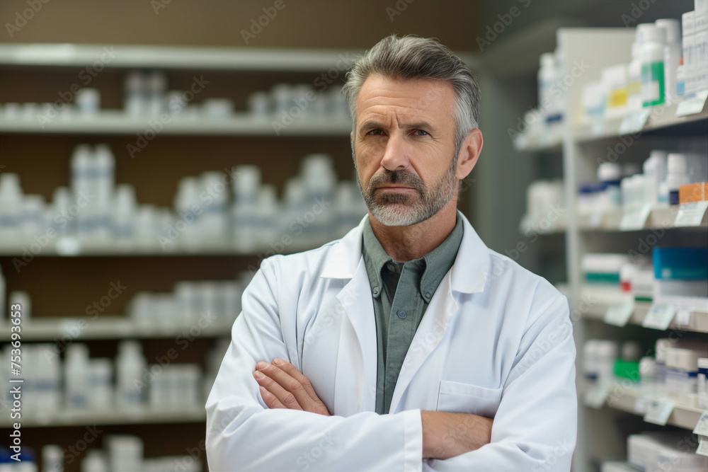 Smiling cheerful confident pharmacist in drugstore store shop Generative AI Smiling cheerful confident pharmacist in drugstore store shop Generative AI