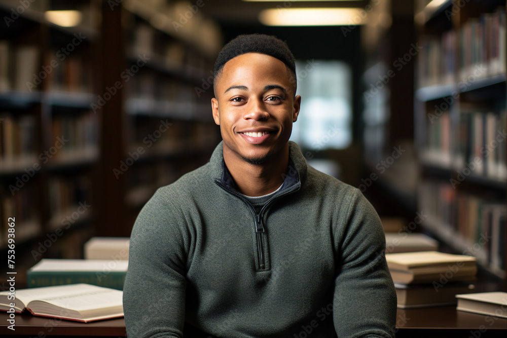 AI generated photo of young student preparing for an exam studying literature in library AI generated photo of young student preparing for an exam studying literature in library