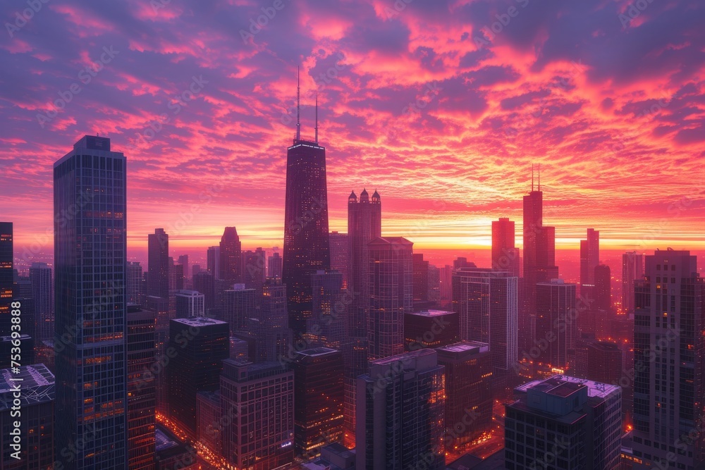 Fototapeta premium A city skyline at dawn, where the first light of morning paints the horizon in hues of rose and gold