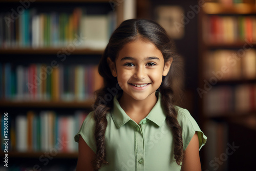 AI generated image of small girl in a library time for curiosity creativity literacy and exploration