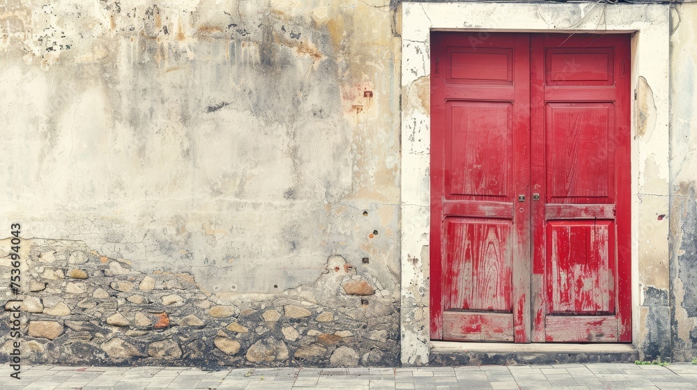  a vintage photograph of a bright red wooden door in a very old building in a street in rural  - obrazy, fototapety, plakaty 