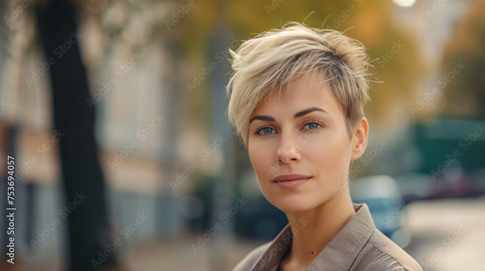 beautiful woman in casual clothes with short hair smiling and looking at camera beautiful woman in casual clothes with short hair smiling and looking at camera