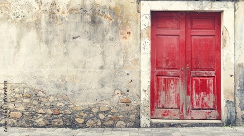  a vintage photograph of a bright red wooden door in a very old building in a street in rural  photo