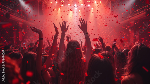 Nightclub party clubbers with hands in air and red confetti.