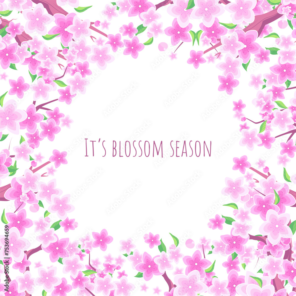 Pink cherry blossom border. Cherry blossom pink background. Pink cherry blossom frame on a white background with copy space. Banner with sakura branches and clouds. Vector illustration in flat style