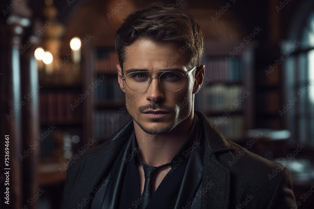 Fototapeta premium Generated with AI photo of young handsome elegant man standing in large library among bookshelves