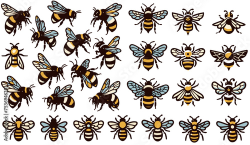 Bees Vector Illustration, Honeybees and Bumblebees in Flight and Still Collection