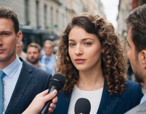 A woman with curly hair is being interviewed
