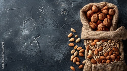 A durable shopping bag containing heart healthy nuts and seeds against a muted dark canvas illustrating the concept of simple impactful nutrition choices