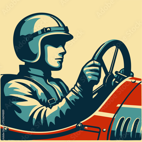 Adrenaline of a bygone era with this captivating vintage vector of a man navigating a racing car, capturing the thrill and excitement of classic motor racing