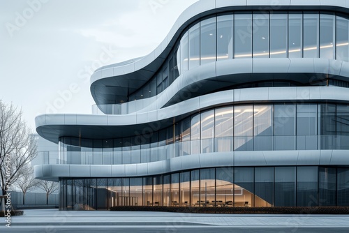 A minimalist office building facade with sculptural forms, dynamic volumes, and rhythmic patterns
