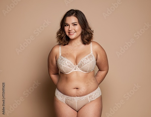 A plump chubby woman in lingerie is posing over beige background