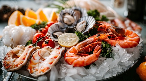 Fresh seafood ingredients arranged on ice for a seafood platter