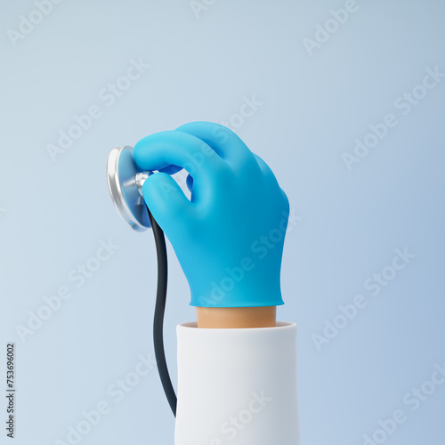 Doctor cartoon hand in medical glove holding stethoscope isolated over blue background. 3d rendering.