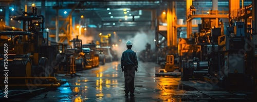 A night-shift worker, alone in a vast factory, their face illuminated by machinery, depicting the story of resilience in the quest for an ideal life  photo