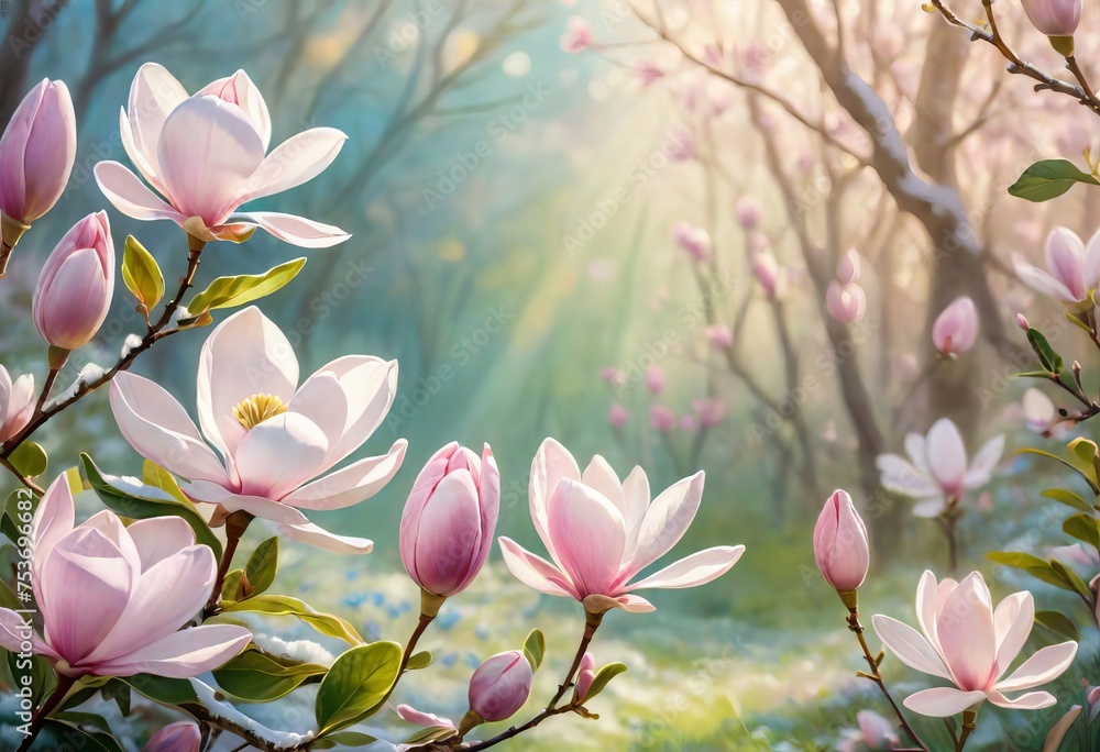 Obraz premium Blossoming of magnolia flowers in spring time