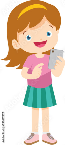 cute kids standing use smartphone and tablet gadget